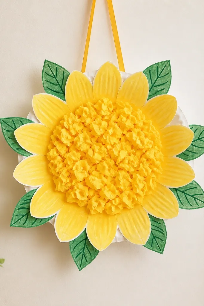 A craft made from a paper plate cut into a sunflower shape. The center is filled with crumpled yellow paper pieces, and green marker leaves are drawn around the edges. A ribbon hangs from the top.