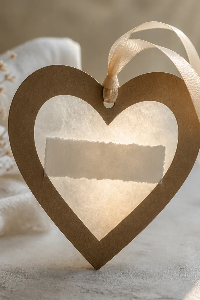 A heart-shaped frame cut from cardstock. Inside the heart, a small strip of paper holds a message. Behind it is translucent wax paper, creating a glowing window effect. A ribbon loops at the top.