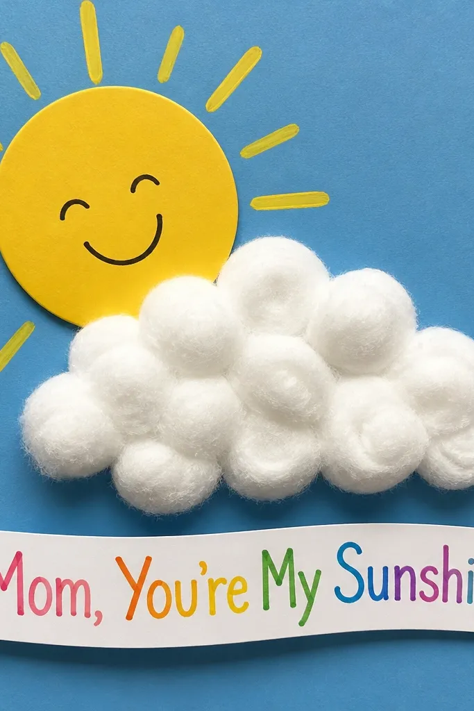 A small scene on blue construction paper: a yellow sun with thick marker rays sits above a fluffy white cotton ball cloud. A cutout banner reads “Mom, You’re My Sunshine” in colorful letters.