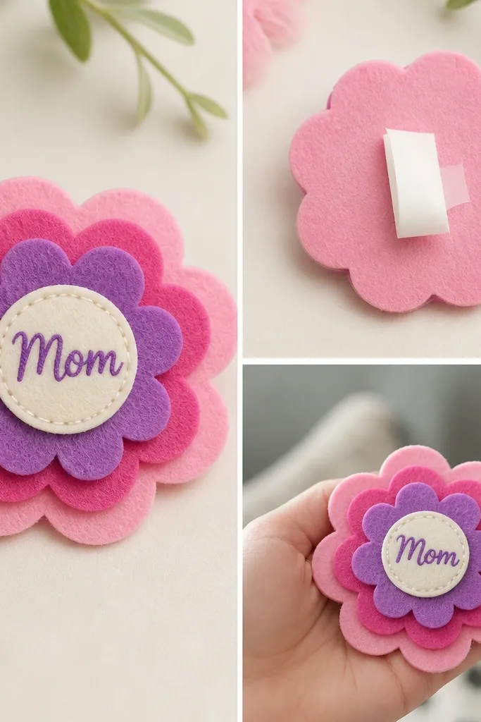 A flower-shaped craft made from felt or foam with layered petals. The word “Mom” is written on a small center circle. The back has a strip of tape or a small sticky-back fastener.