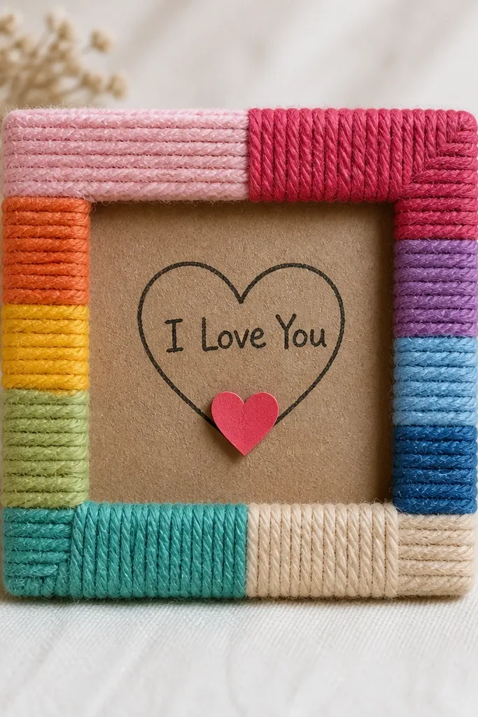 A small square frame cut from cardboard. The edges are wrapped with colorful yarn in neat horizontal bands. In the center, a hand-drawn “I Love You” message sits above a tiny paper heart.