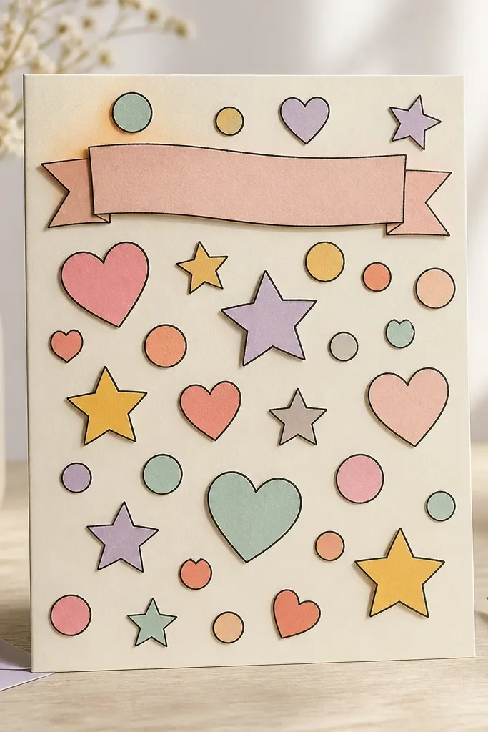 A card front covered with small cutout shapes: paper hearts, stars, and circles arranged like stickers. Each shape is outlined with a darker marker for a crisp “sticker” border. A “Thank You” banner sits at the top.