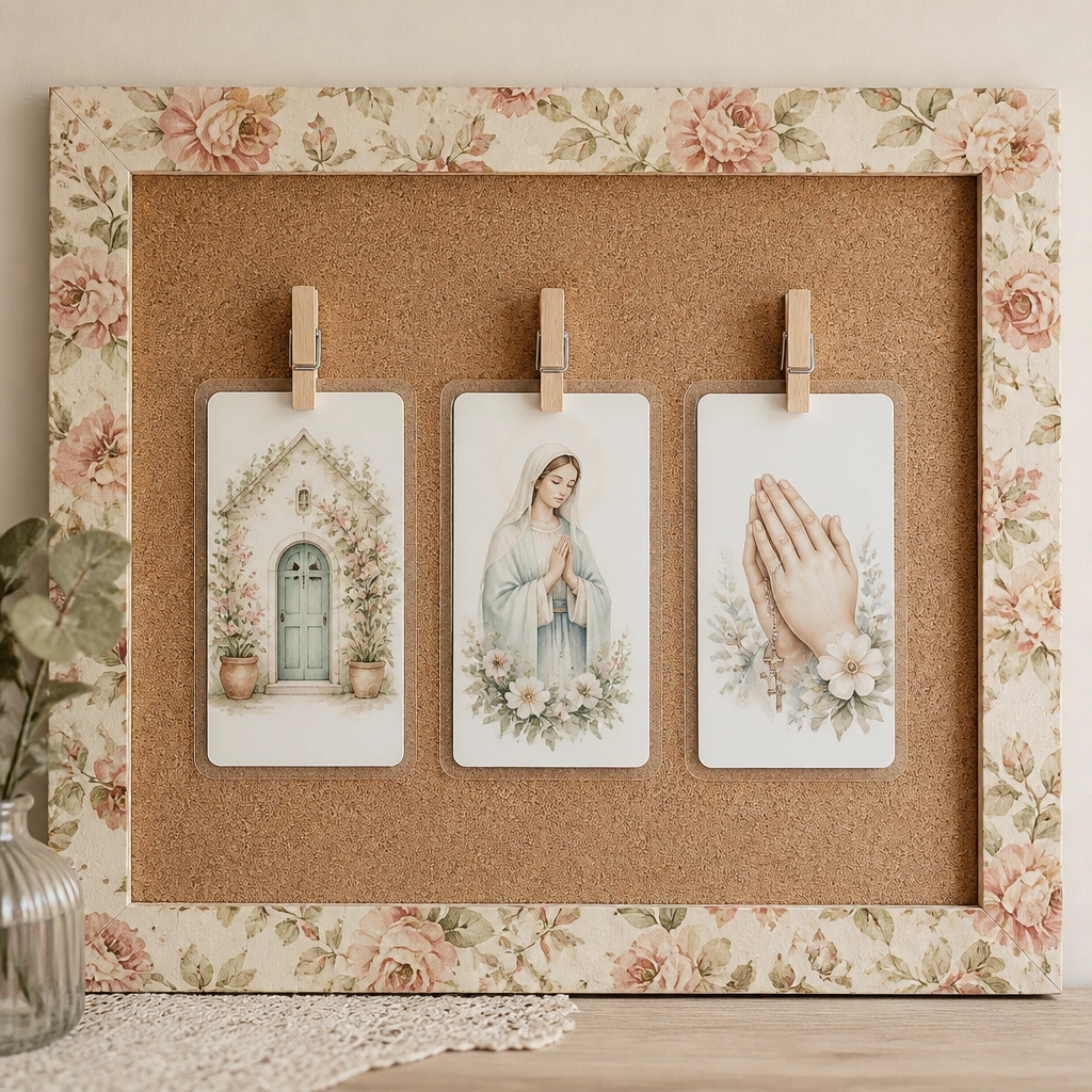 A cork board framed with scrapbook paper, with three mini clothespins holding laminated prayer cards in a neat grid.