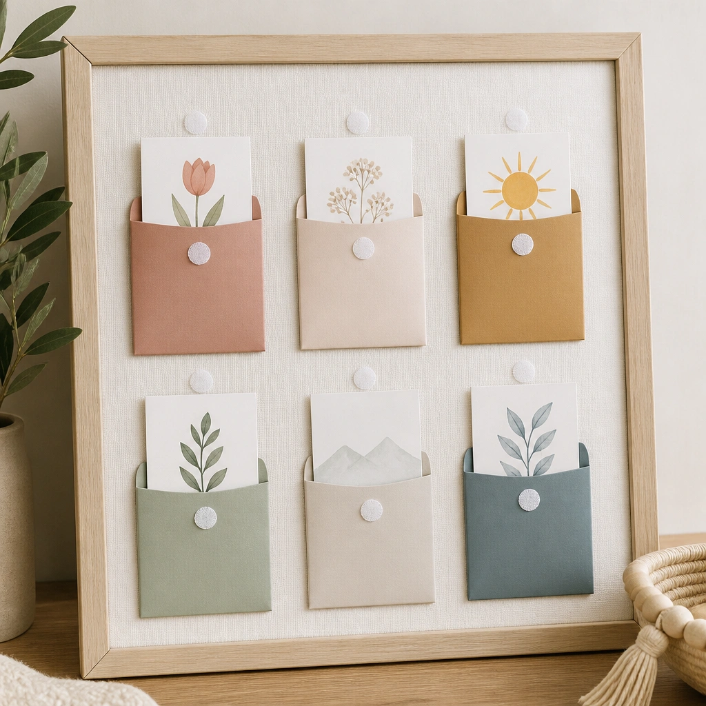 A prayer board with small Velcro dots holding rectangular printable cards inside simple paper pockets made from folded cardstock.