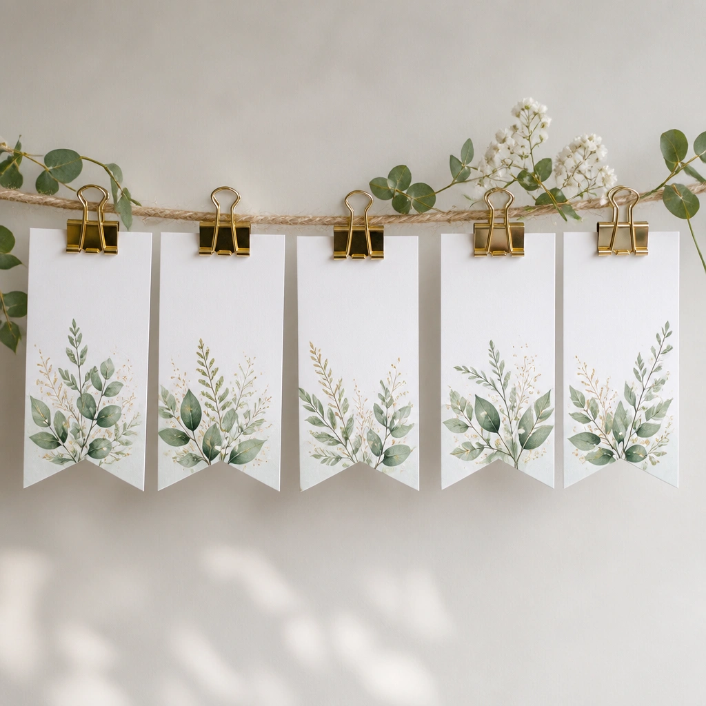 A row of binder clips along the top with small “Thank You” printable tags clipped beneath a decorative banner.