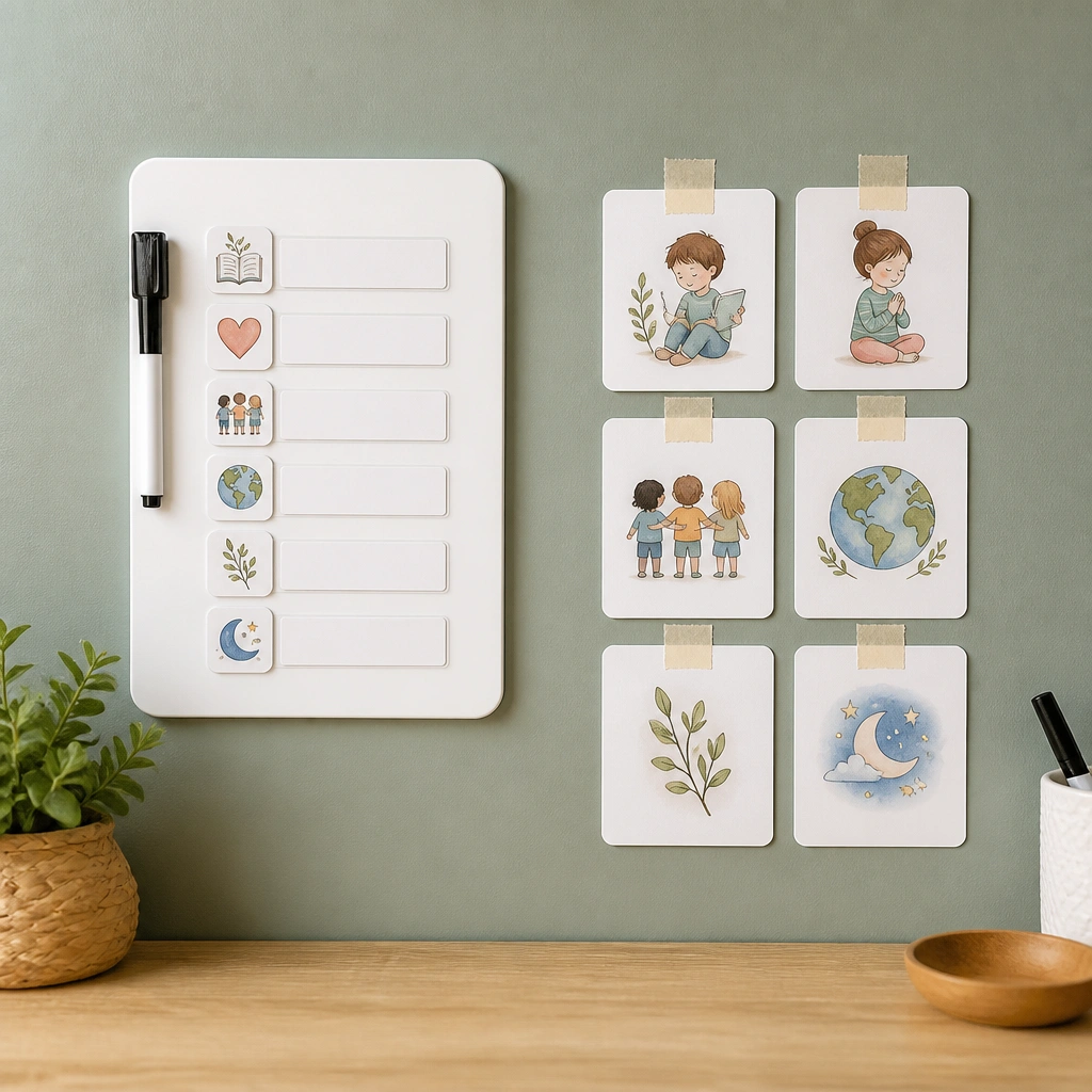 A smaller prayer board with dry-erase marker labels taped beside printable cards, all on a smooth foam surface.