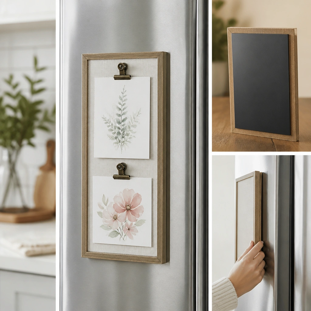 A small framed prayer board with a thin magnetic sheet on the back, shown attached to a refrigerator with printed cards clipped on the front.