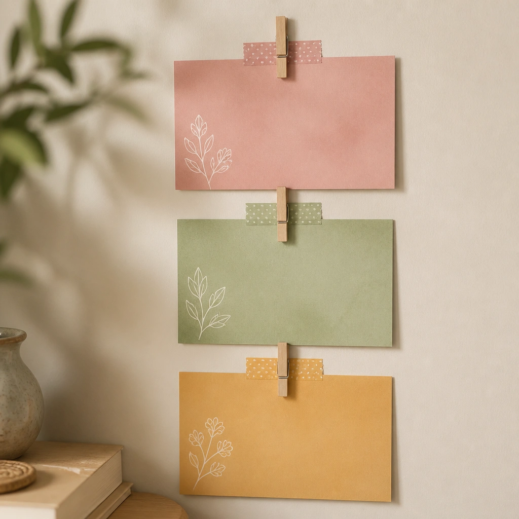 Three colored printable cards labeled “Pray,” “Read,” and “Thank” clipped in a vertical sequence with matching washi tape strips.