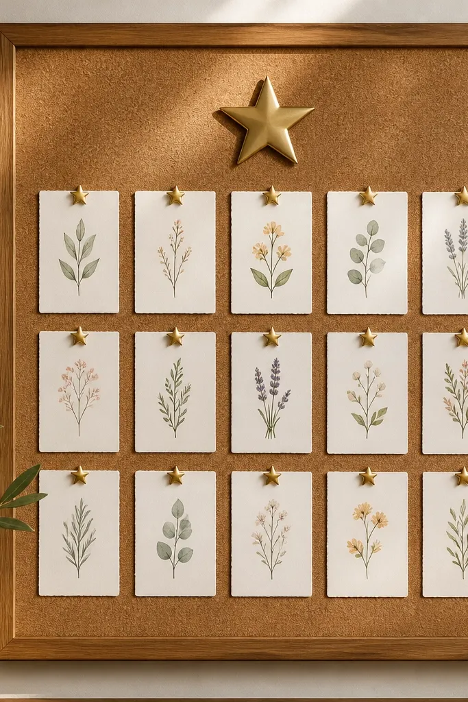 A cork board inside a wooden frame. Multiple small star-shaped push pins hold tiny cardstock prayer cards in a neat grid, with one larger star at the top reading Gratitude.