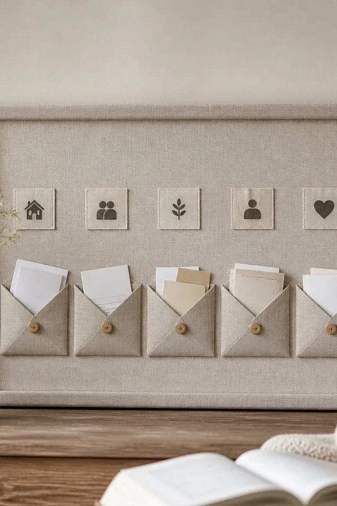 A board made from a fabric-backed frame with five small envelope pockets sewn or glued across the bottom half. Each envelope holds folded prayer notes, and the top shows labels like Family and Friends.