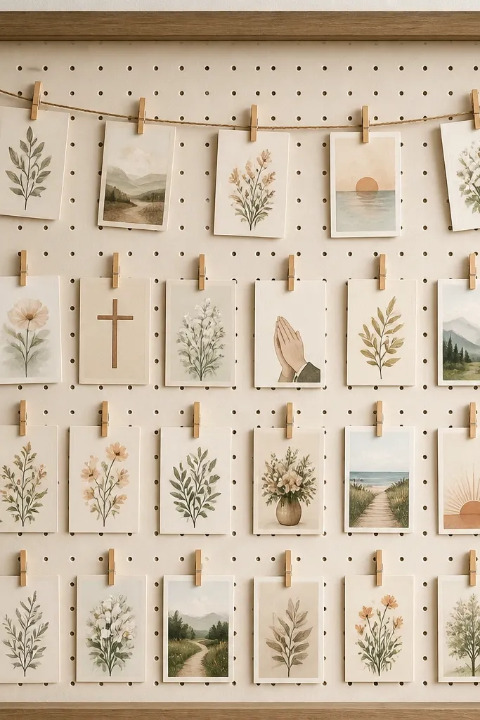 A framed pegboard with evenly spaced holes. Mini clothespins clip small prayer cards in rows, and a twine line runs across the top with a few hanging cards.