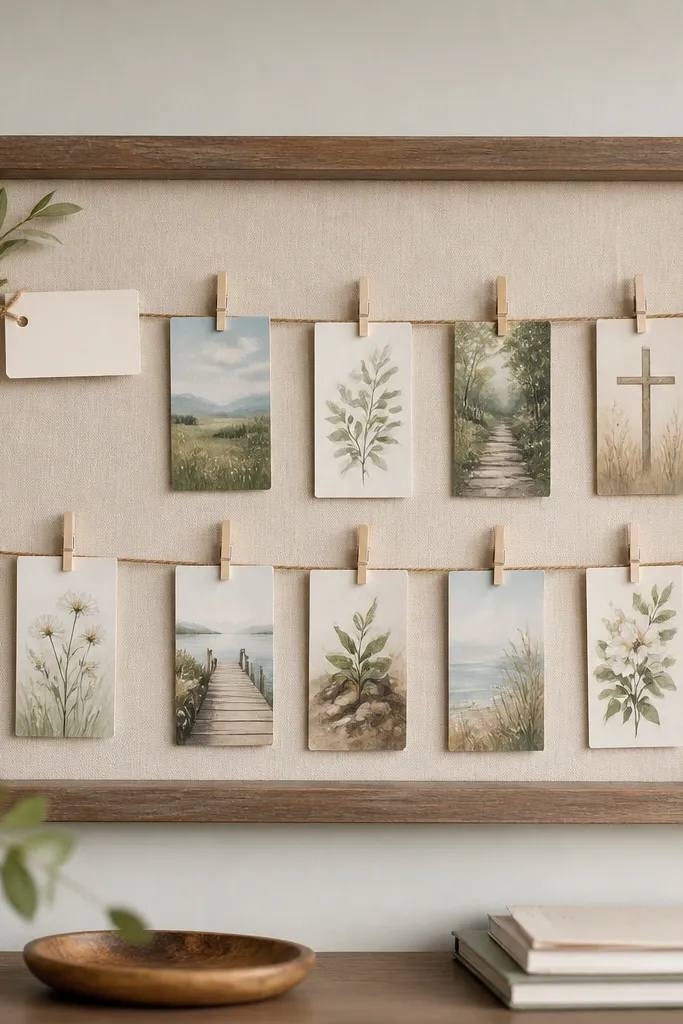 A frame backing with two parallel twine lines. Clothespins hold prayer cards at different points, forming a simple left-to-right timeline. A small label at the start reads This Week.