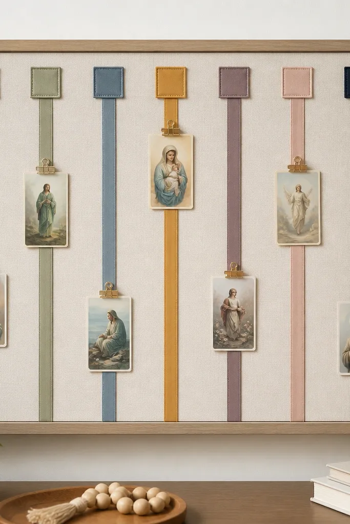 A felt board with multiple vertical fabric ribbon strips. Prayer cards hang from small binder clips attached to the ribbons, and each ribbon has a different color label at the top.