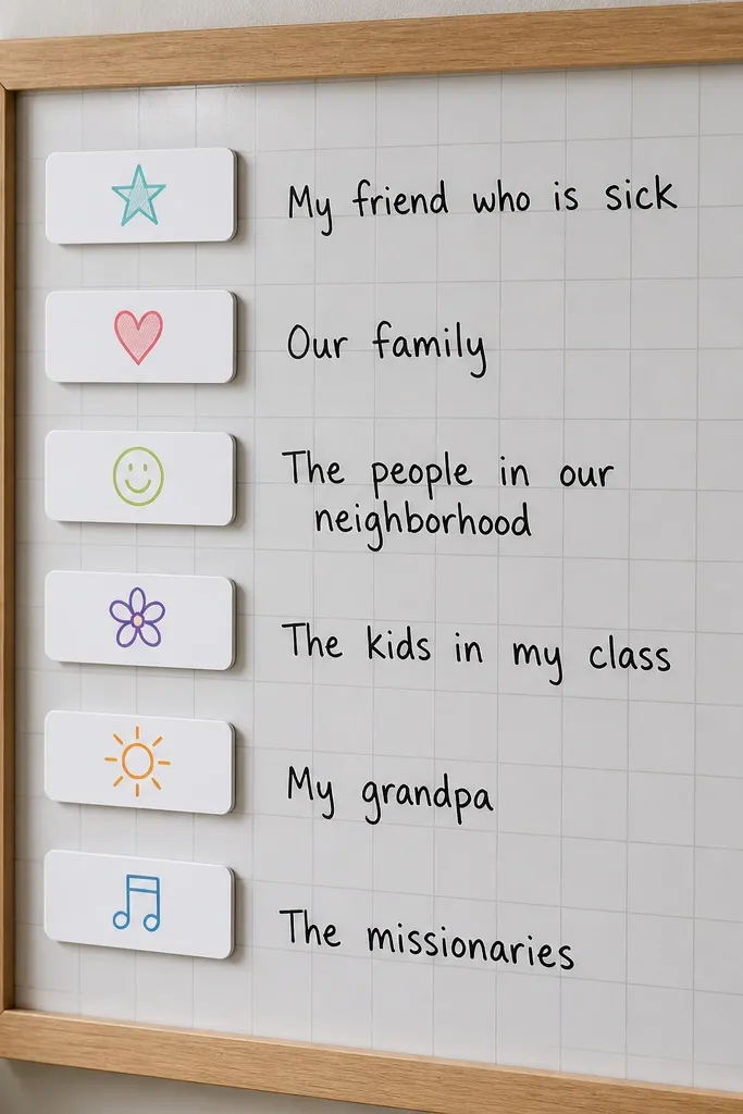 A framed board with a printed grid background under a clear laminate sheet. Small dry-erase name tags sit on top, and kids have written today’s prayer topics with a marker.