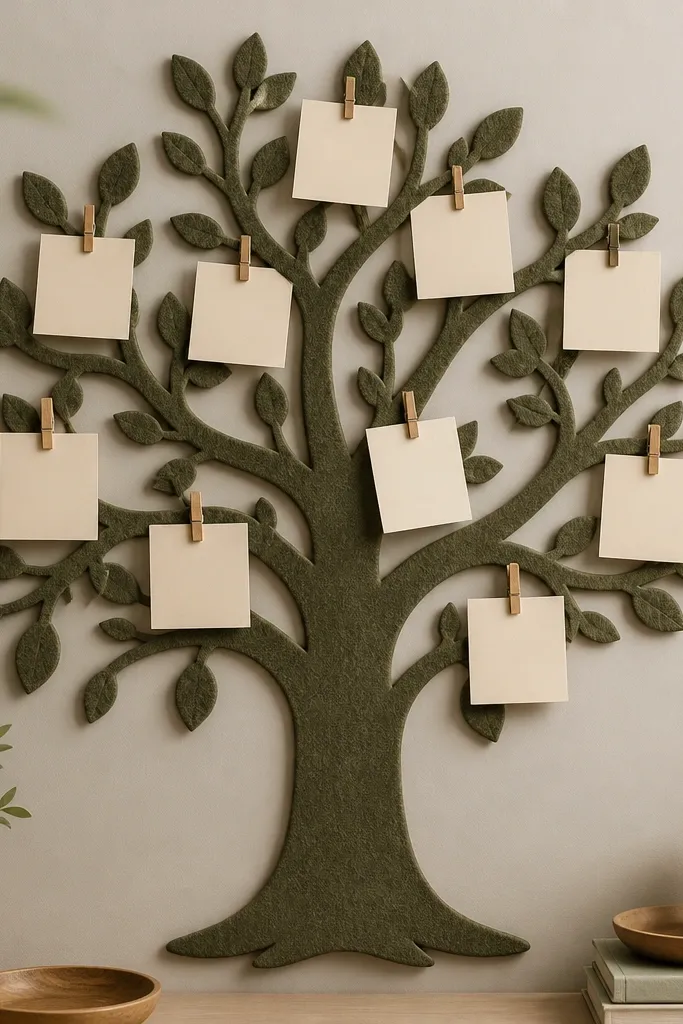 A prayer board shaped like a tree silhouette on felt. Tiny branches hold small cards clipped with mini clothespins, and a trunk label reads Rooted in Gratitude.