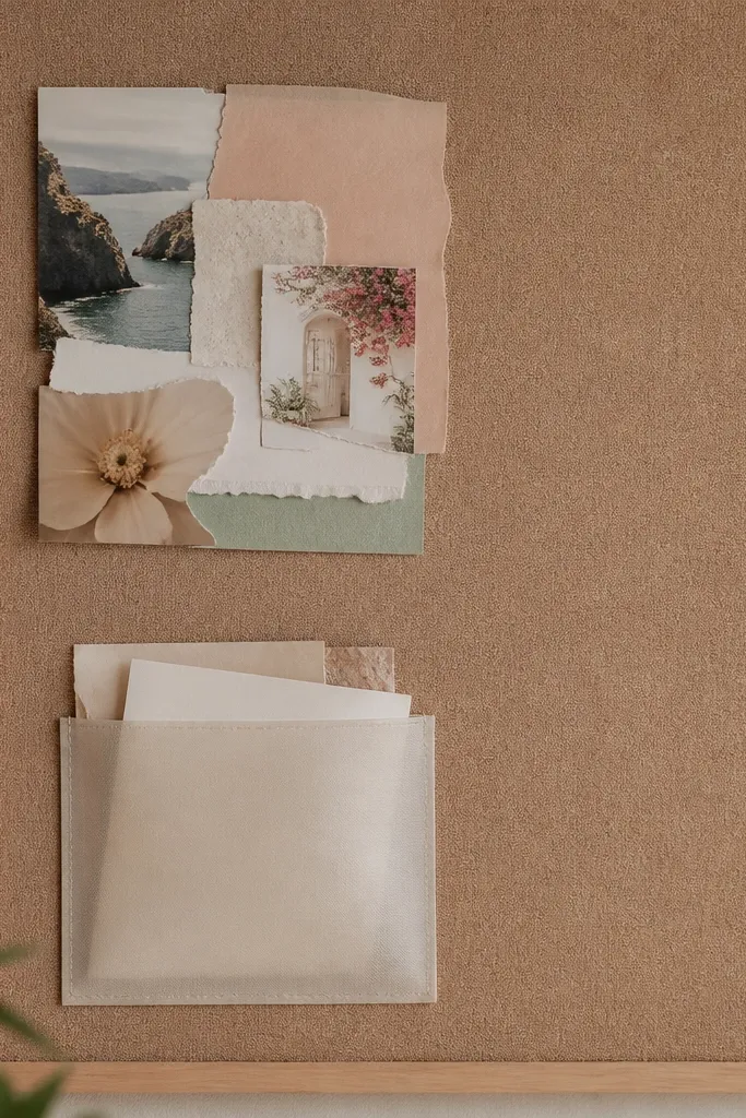 A cork or felt board with a small collage square in the corner. The collage uses torn magazine photos and soft pastel paper, with a clear pocket beneath labeled Gratitude.