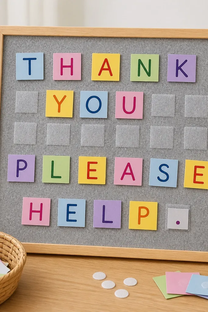 A framed felt board with rows of small square magnetic-looking areas. Kids place pre-cut paper ‘letter’ tiles with Velcro backing to form phrases like Thank You and Please Help.