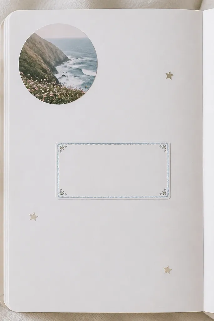 A clean white diary page with a photo-sized circle sticker in the top-left corner, a small rectangular sticker border around the middle text, and tiny star stickers scattered sparingly.