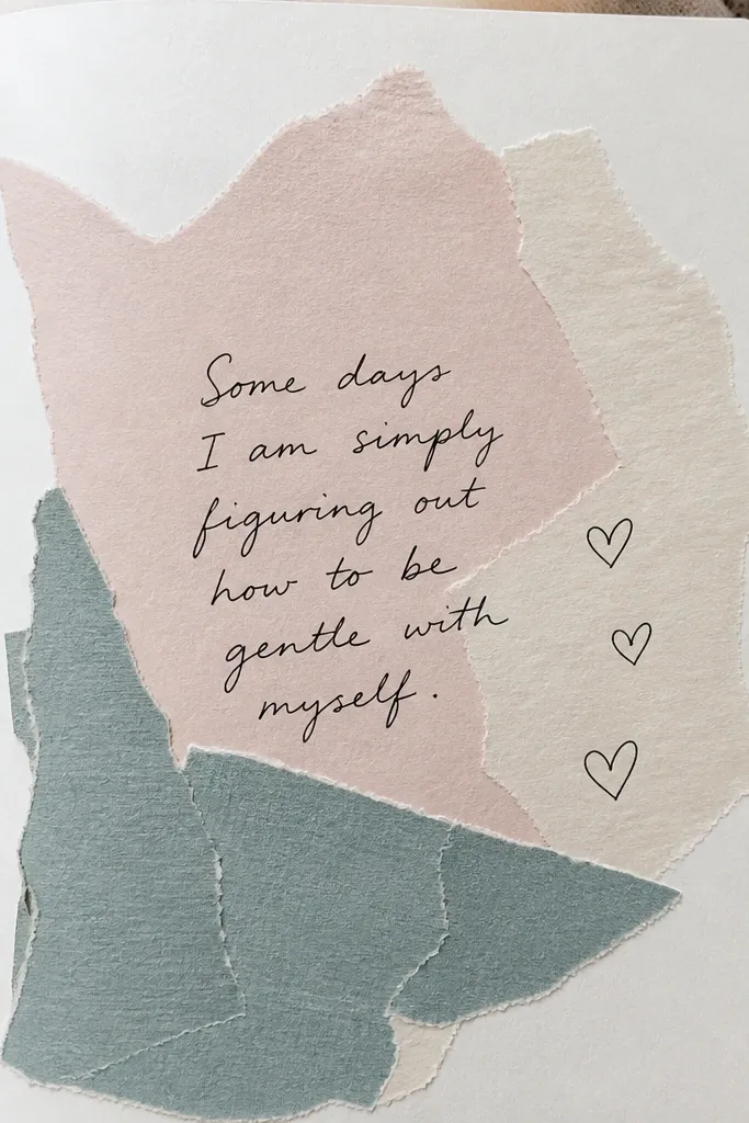 A diary page with irregular torn paper shapes in muted blush and dusty teal, layered like a collage behind a short handwritten mood sentence, with a few small doodle hearts.