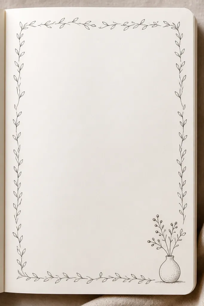 A diary page with a thin hand-drawn border made of simple leaf outlines, leaving the center open for writing, plus one small doodle in the bottom-right corner.