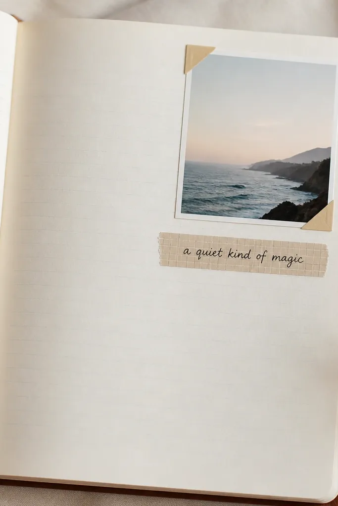 A diary page with a small printed photo placed at the top-right using two paper photo corners, and a narrow strip of washi tape under it with a short caption written in neat handwriting.