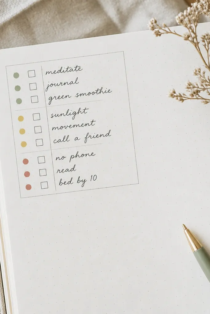 A diary page with a small printed checklist box in the top-left, each item handwritten next to it, and a matching color dot system (three colors) beside the list.