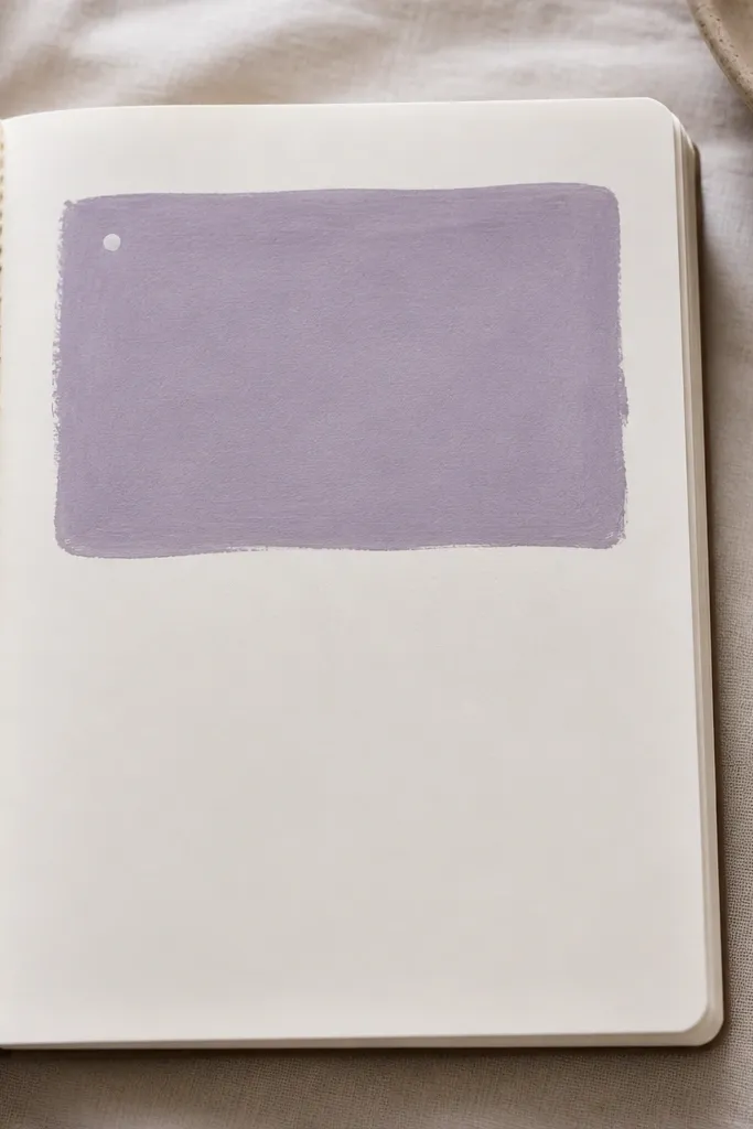 A diary page featuring one bold gouache rectangle in muted lavender behind the first paragraph, with the rest of the page left clean, and a small white gel pen highlight dot.