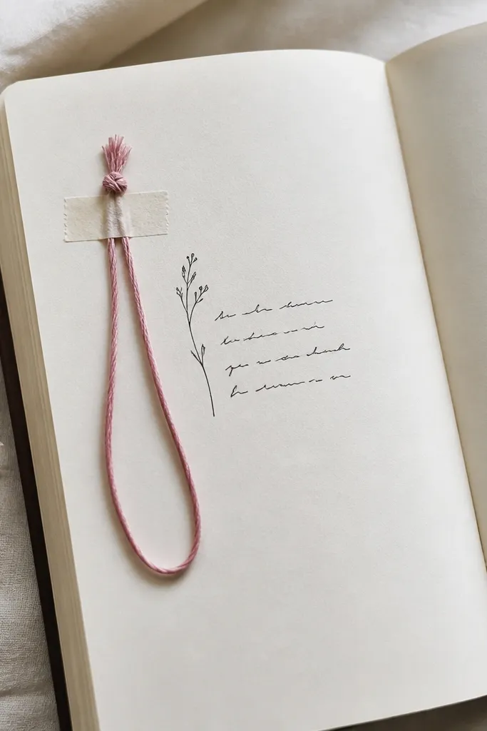 A diary open to a page where a loop of embroidery thread is taped along the left margin, with a small knot near the top and a handwritten quote beside it.