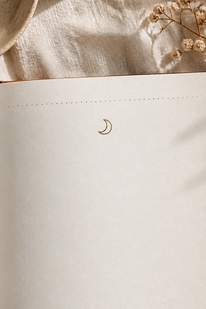 A diary page with a dot-grid header line across the top, the title written in the center, and one simple icon (a crescent moon) under the title.