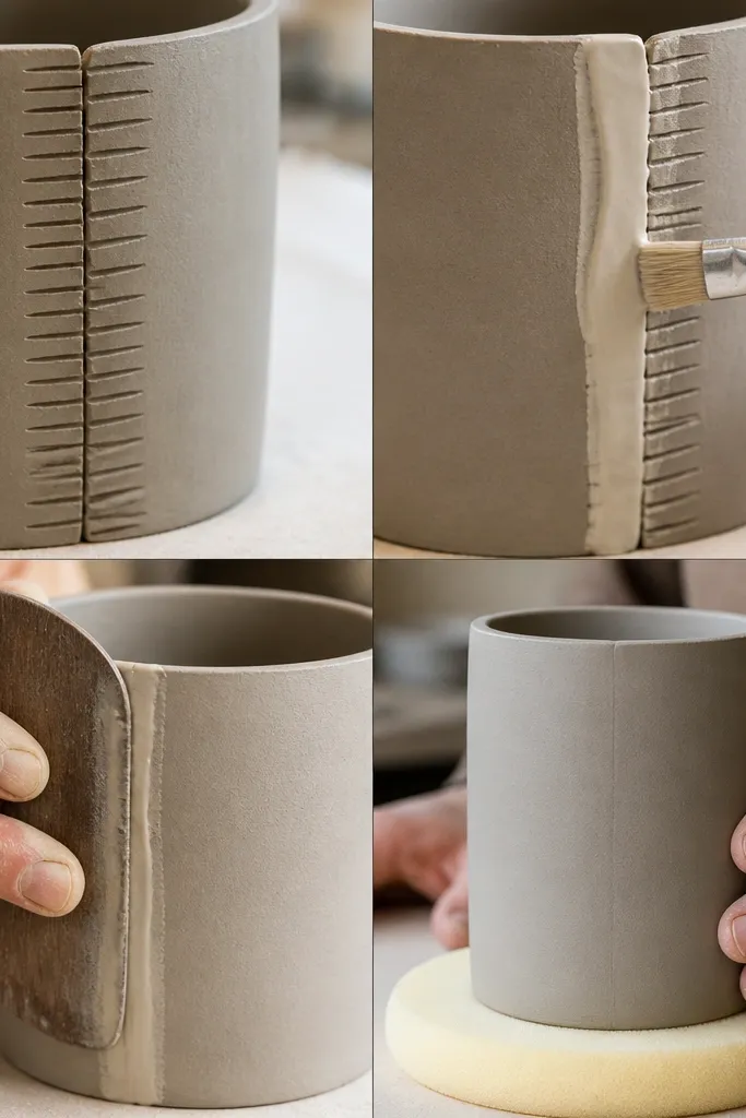 Two clay slabs meet at a seam; the edges are scored with a fork, then coated with slip (a glossy cream layer). A wooden rib presses the seam smooth, and the mug shape is held upright on a foam pad.