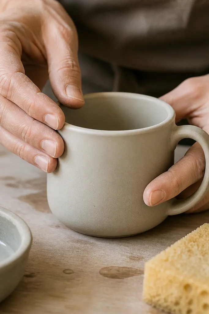 A close-up of hands smoothing a mug rim using fingertips; the rim is slightly beveled and looks even. A damp sponge and a small bowl of water sit on the side.