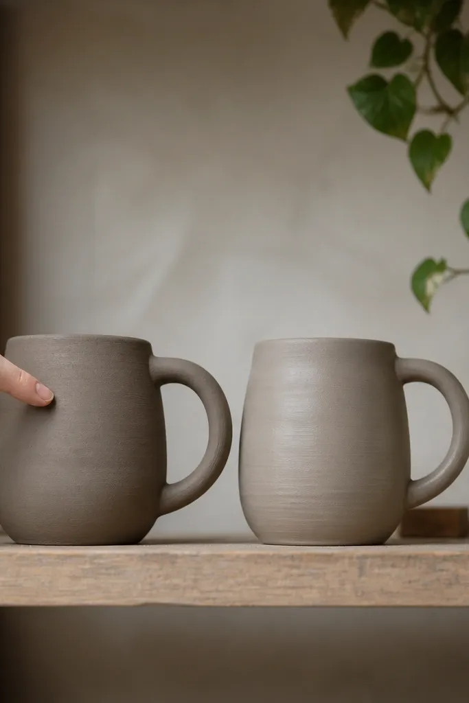 A mug on a shelf with two clay stages: one darker, matte surface labeled “leather-dry” and one lighter, still-wet surface labeled “wait”. A finger gently taps the leather-dry mug leaving no dent.