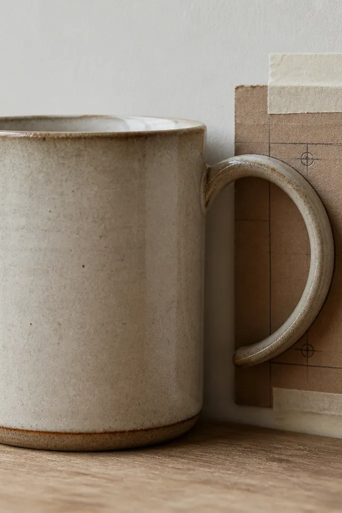 A simple cardboard handle template taped near the mug; the handle arc is laid over the template to match height and width. Two handle attachment points are marked with pencil.