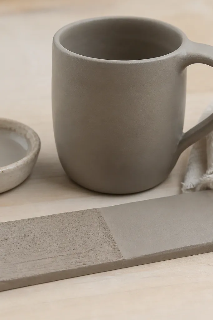 A mug surface appears extra smooth and satin after burnishing; a small dish of slip and a cotton cloth are visible. The photo shows before/after swatches on a scrap clay strip.