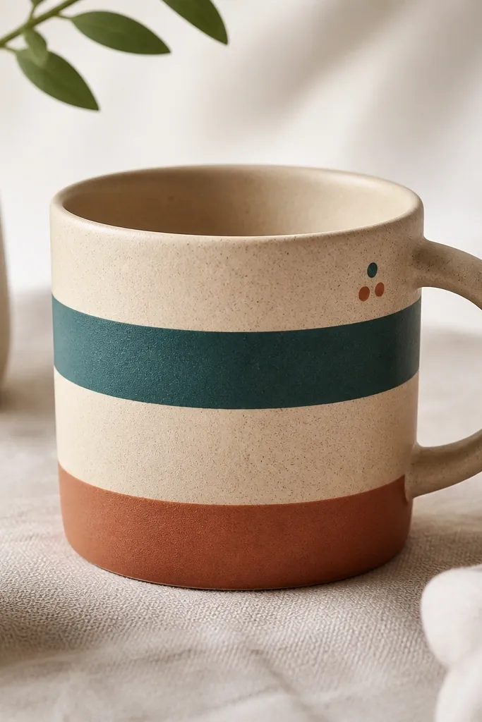 A mug painted with underglaze in two clean bands - one teal and one warm terracotta - plus a tiny dot cluster near the handle. The lines are crisp, and the rest of the mug is unpainted clay color.