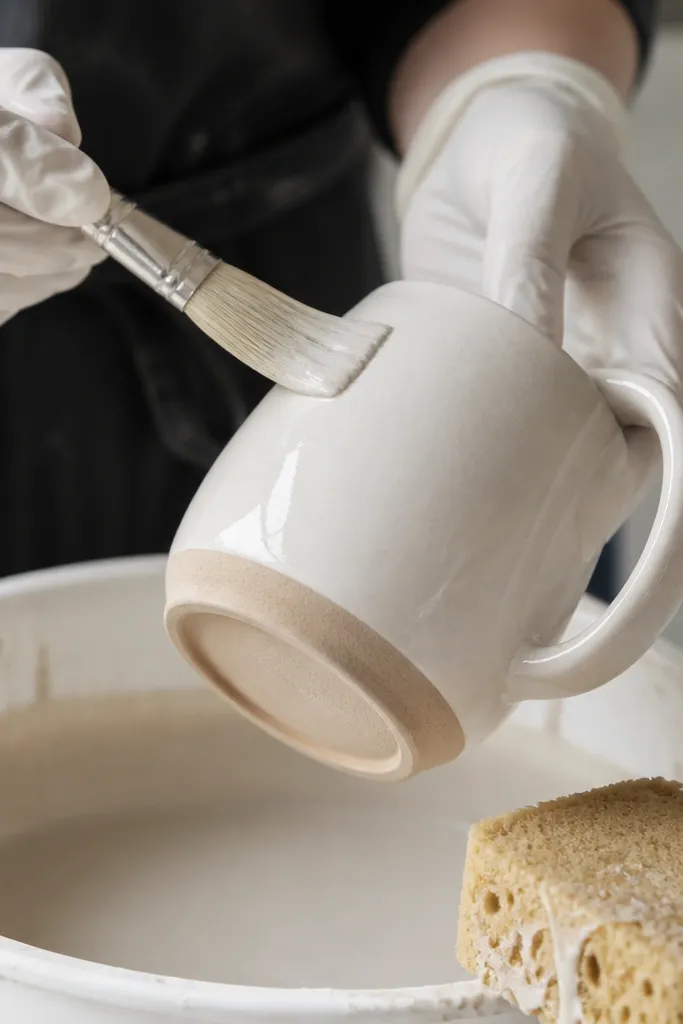 A mug being dipped or brushed with clear glaze; the glaze surface looks glossy and even. A drip catcher sponge and gloves are visible, and the bottom foot ring is intentionally kept bare.
