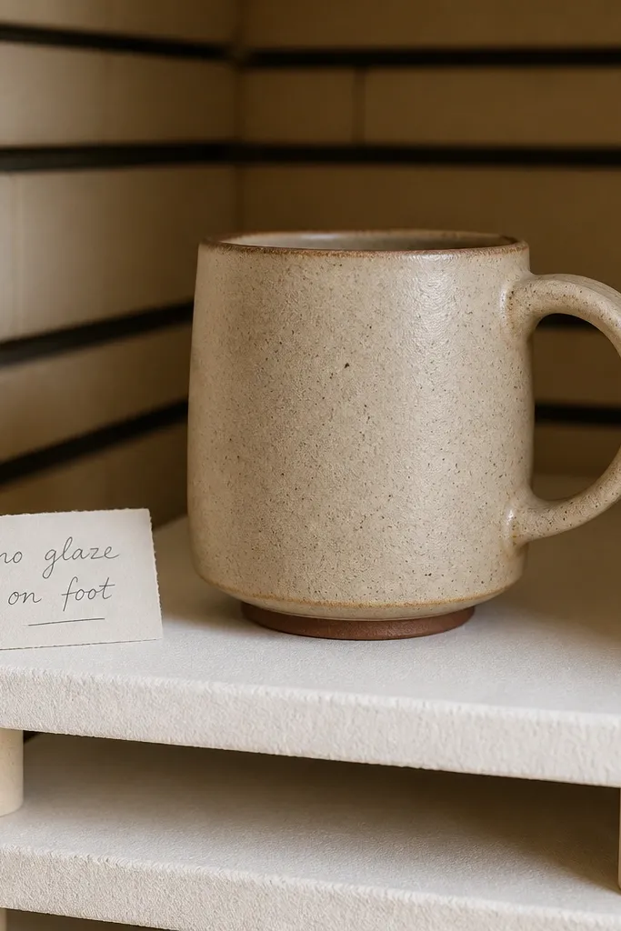 A kiln shelf with small spacers; the mug is placed upright on a clean shelf with the bottom foot ring lifted slightly. The mug has no glaze on the base, and a handwritten note reads “no glaze on foot”.