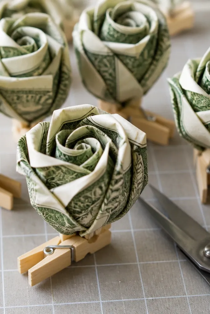 Close-up of several dollar bill rose shapes clipped at the base with mini clothespins, arranged on a craft mat with a pair of scissors nearby.