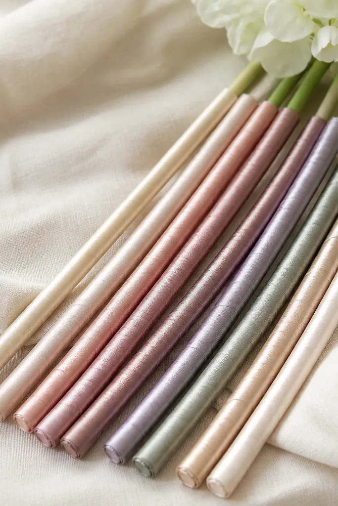 Craft sticks or floral stems wrapped with thin satin ribbon, each stem showing neat spiral coverage from top to bottom.
