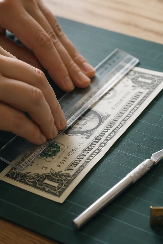 A single bill being creased with a plastic ruler on a cutting board, with a craft knife and tape measure beside it.
