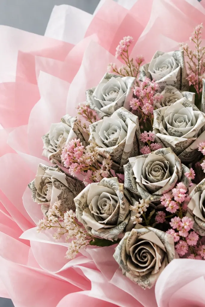 Tissue paper pieces in pastel pink and white layered like petals behind a money bouquet, with the money flowers still visible in front.