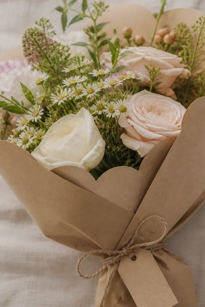 A bouquet wrapped in kraft paper with a scalloped edge created by folding the paper and trimming, finished with twine and a small tag.