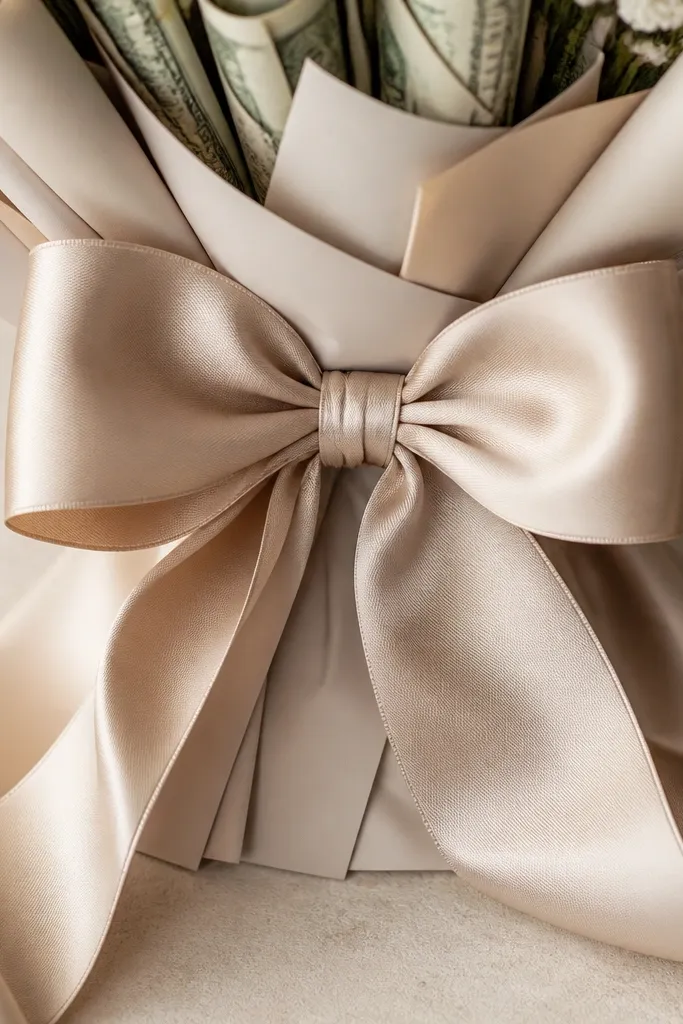 A close-up of a satin bow centered at the front of the bouquet base, with ribbon tails flowing outward and money stems peeking above.