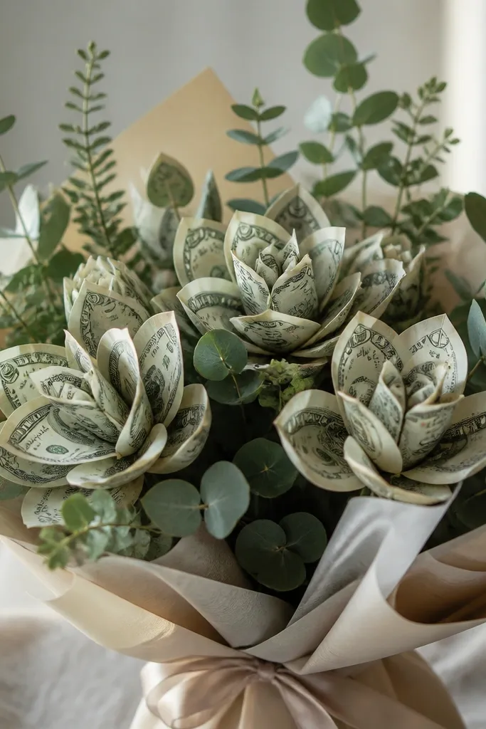 A bouquet with money flowers interspersed with faux eucalyptus sprigs, arranged in an uneven but natural pattern.