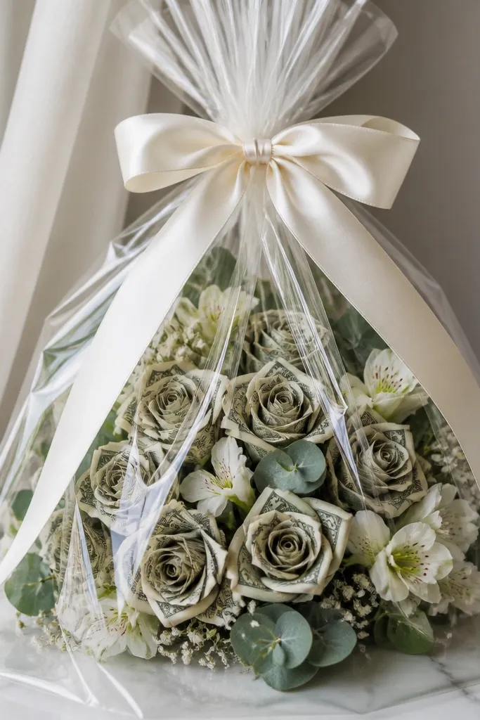 A bouquet wrapped in clear cellophane with a wide ribbon tied around the top, showing money flowers visible through the wrap.