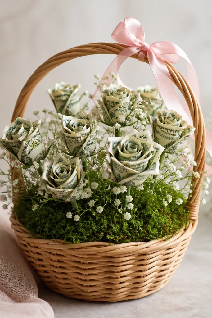A small wicker basket holding floral foam covered in moss, with money flowers standing upright and a ribbon handle accent.