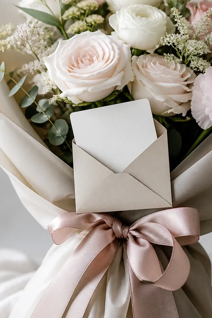 A small paper envelope attached to the bouquet wrap near the ribbon bow, with a blank gift card tucked inside.