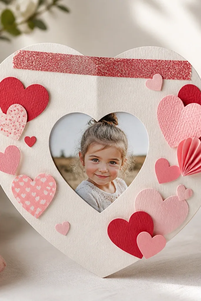 A heart-shaped paper frame with a small photo window in the center, decorated with layered red and pink paper hearts and a strip of glittery washi tape along the top.