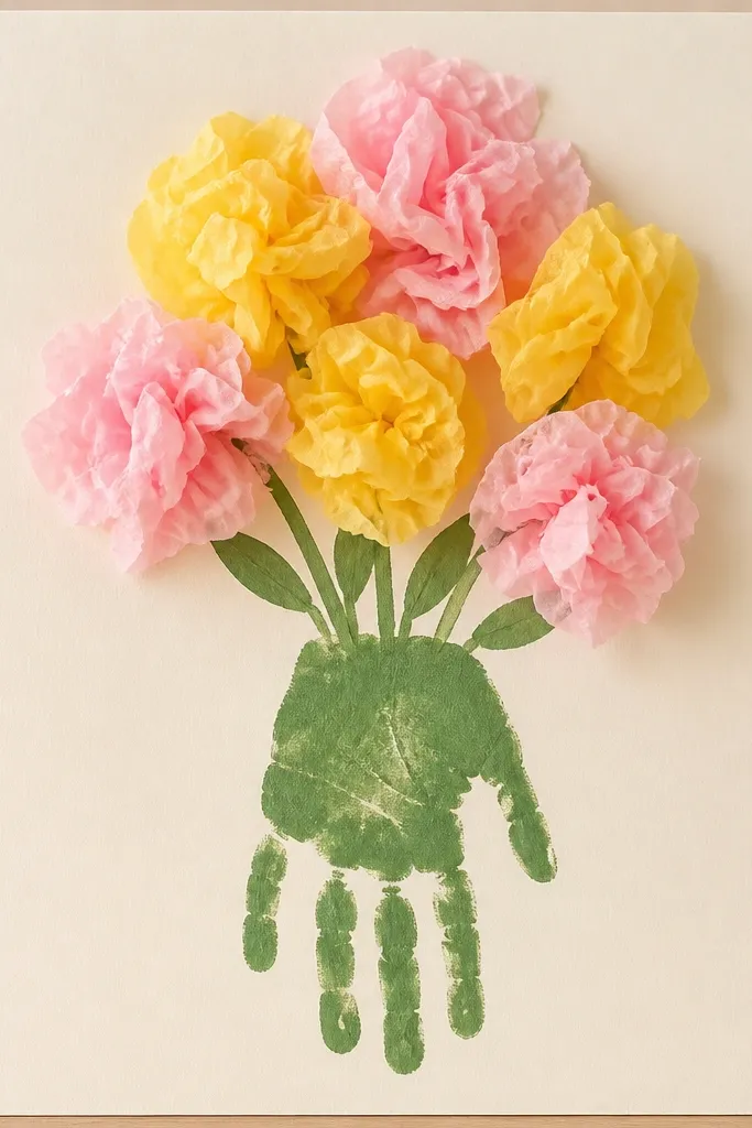A vase shape made from a child’s handprint in green paint at the bottom, with tissue paper blooms in pastel pink and yellow rising above it, all glued to a light background poster board.