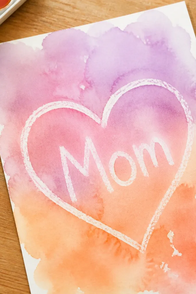 A white paper sheet with a faint heart shape and “Mom” written in crayon lines, then watercolor wash over the top creating a resist effect where the crayon lines stay bright.